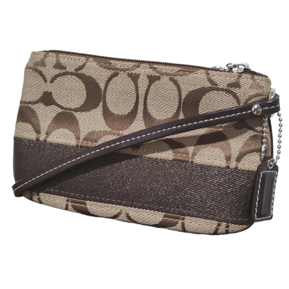 COACH Signature Stripe Small Wristlet Wallet Khaki Mahogany Brown F47790 - Picture 3 of 11